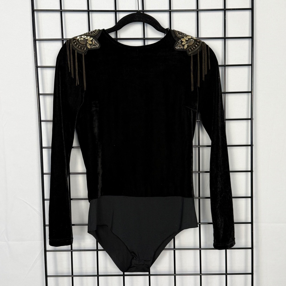 Zara Basic Bodysuit Womens Small Black Velvet Beaded Chain Epaulette Open Back